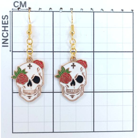 Skull Red Rose Cross Earrings 💀🌹🖤 - Picture 3 of 4